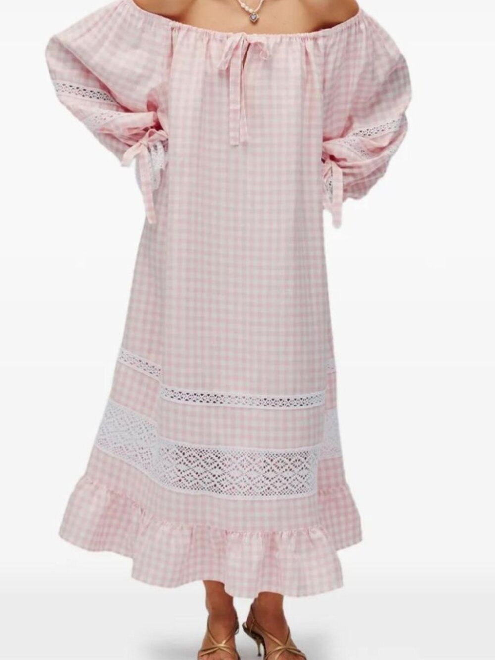 Sleeper Pink Gingham Off-Shoulder Maxi with Lace Trim